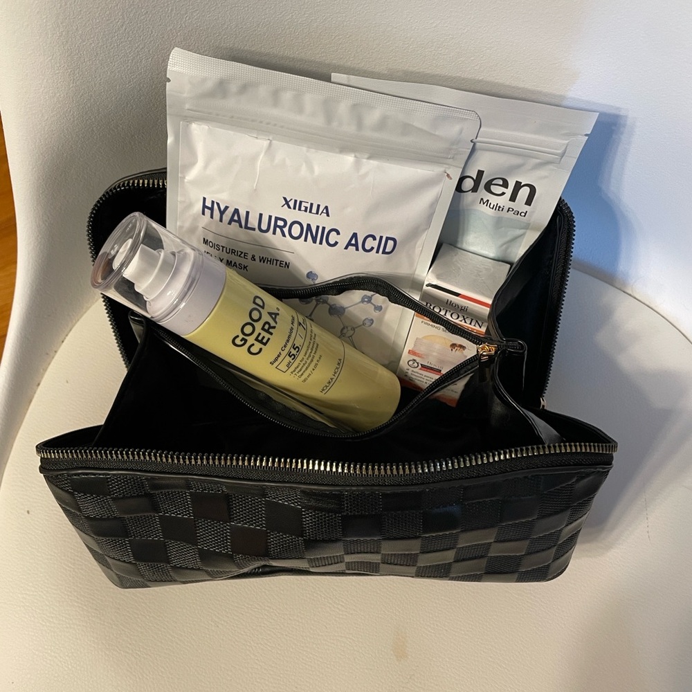 Self-Care Beauty Bag: large makeup bag, (2) masks, Korean facial mist, bee venom